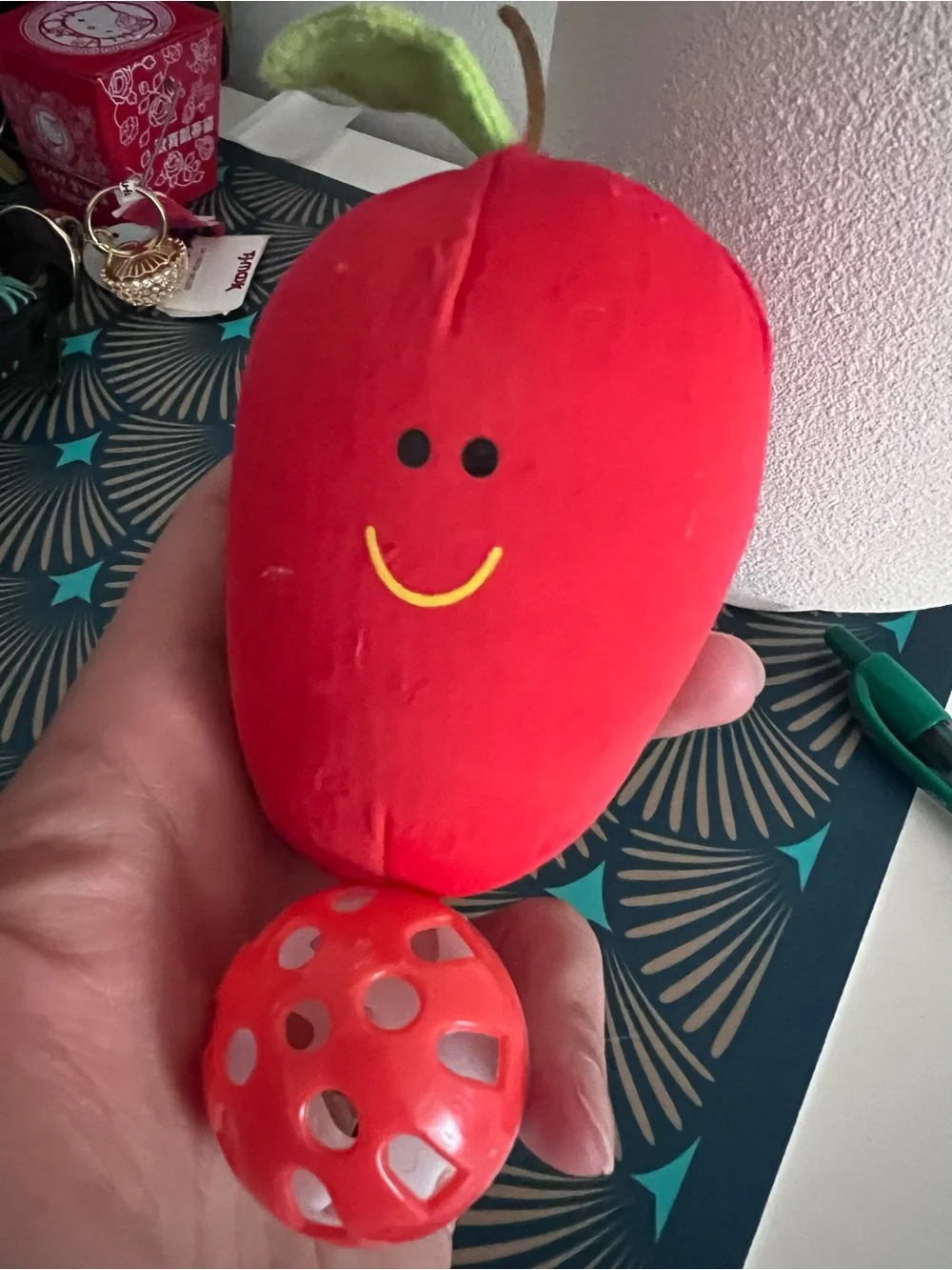 Red Smiling Plush Toy and Jingly Ball for Cats - Cat Toy